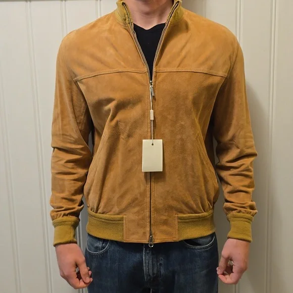 Mens Made In Italy Camel Suede Bomber. Full Zipper. Anna Piarna Pitti Firenze